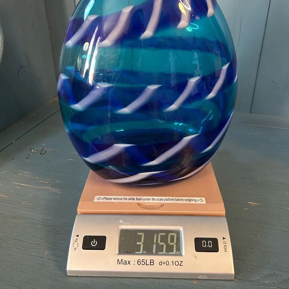 Crate&Barrel Blue & White Swirl Hand-Blown Glass Vase